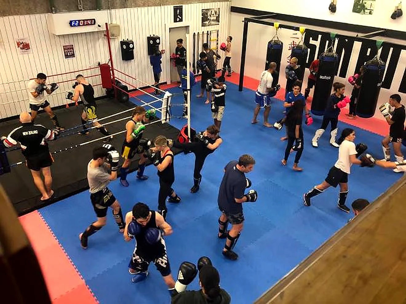 Overhead view of San Bu Kai martial arts students training on dojo mats